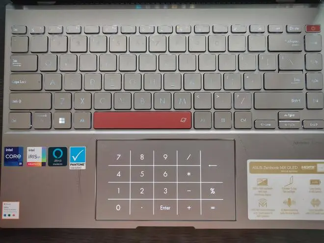 The keyboard with the virtual NumberPad lit up where the touchpad is. The keyboard with the virtual NumberPad lit up where the touchpad is.