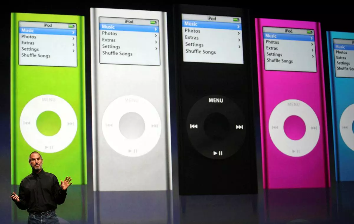 A file photo of  Apple Chief Executive Steve Jobs introduces new iPod Nanos to the crowd at the Yerba Buena Center of the Arts theater in San Francisco, California, in 2006. 