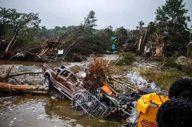 A pickup truck sits damaged after deadly flooding in Kerrville, Texas, U.S., July 5, 2025.   