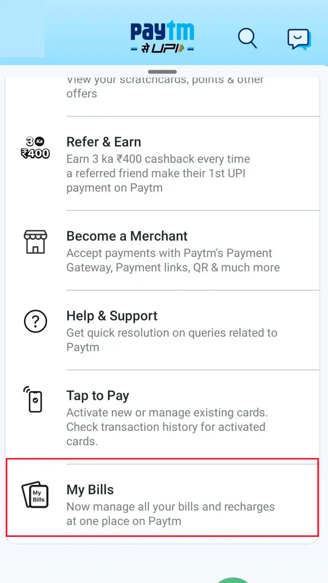 My bills from Paytm menu My bills from Paytm menu