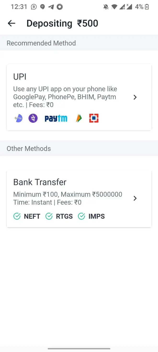 Screenshot of CoinSwitch Kuber app offering UPI support for deposits Screenshot of CoinSwitch Kuber app offering UPI support for deposits
