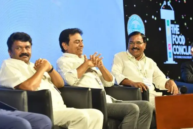 K T Ram Rao (Center), Minister for Industries and Commerce along with other dignitaries at the inaugural plenary at the Food Conclave 2023 at Hyderabad Saturday, April 29, 2023. Photo: Nagara Gopal K T Ram Rao (Center), Minister for Industries and Commerce along with other dignitaries at the inaugural plenary at the Food Conclave 2023 at Hyderabad Saturday, April 29, 2023. Photo: Nagara Gopal