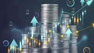 Stack of money with graph chart recount up, Industrial marketing and marketing, Coins for saving money, Development investing, Profits balance, Saving money for future investments, Financial investment