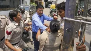 AAP legal cell head Sanjeev Nasiar being stopped at Civil Lines Police Station where Delhi CM Arvind Kejriwal’s aide Bibhav Kumar is kept after his arrest in the AAP Rajya Sabha MP Swati Maliwal assault case, in New Delhi, Saturday, May 18, 2024.   AAP legal cell head Sanjeev Nasiar being stopped at Civil Lines Police Station where Delhi CM Arvind Kejriwal’s aide Bibhav Kumar is kept after his arrest in the AAP Rajya Sabha MP Swati Maliwal assault case, in New Delhi, Saturday, May 18, 2024.
