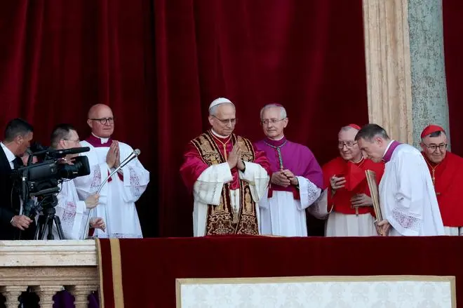 Newly elected Pope Leo XIV, Cardinal Robert Prevost of the United States appears on the balcony of St. Peter’s Basilica, at the Vatican, May 8, 2025. 