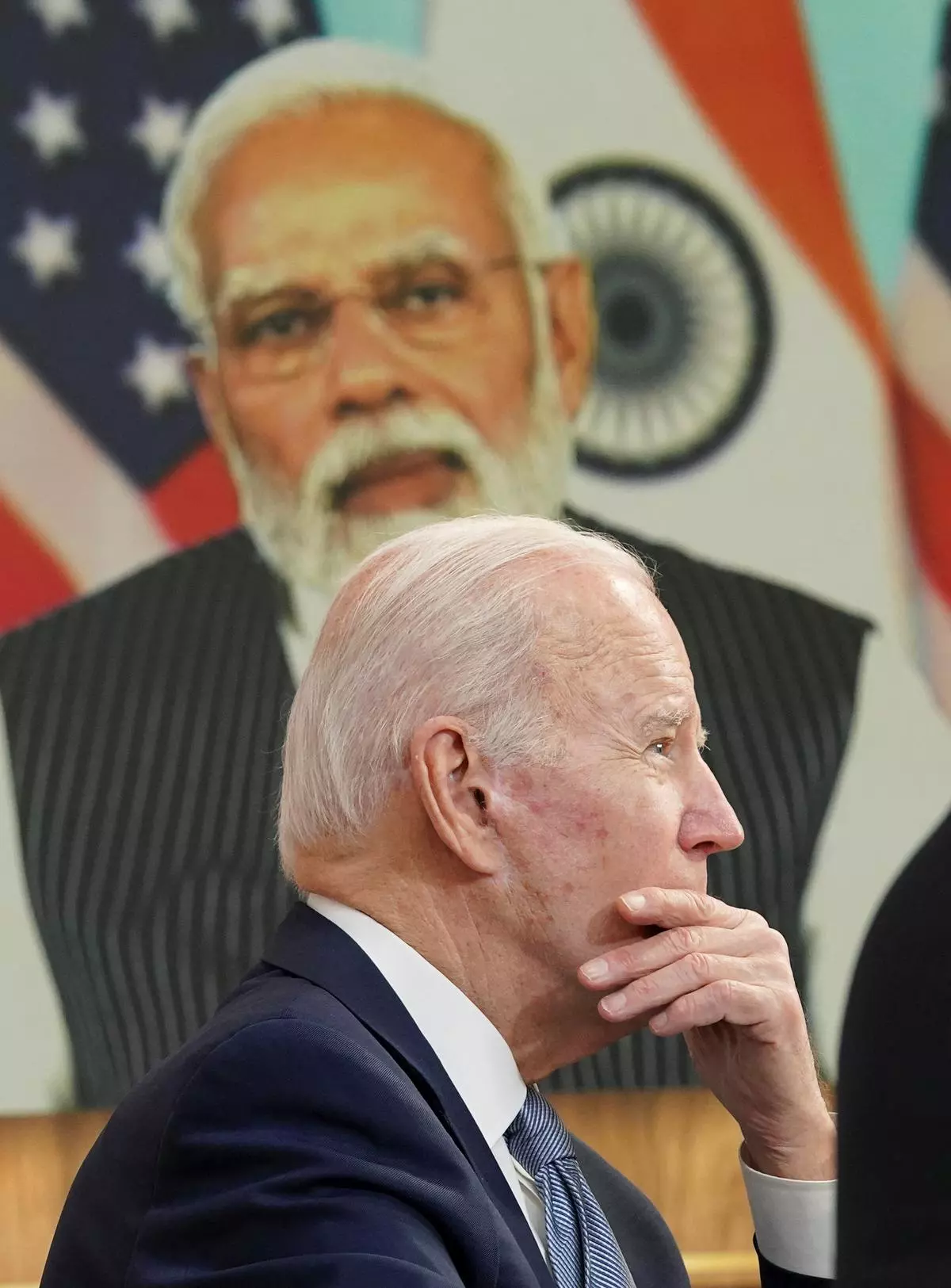 US President Joe Biden holds virtual talks via videoconference with Prime Minister Narendra Modi from the Eisenhower Executive Office Building’s South Court Auditorium at the White House in Washington, on Monday 
