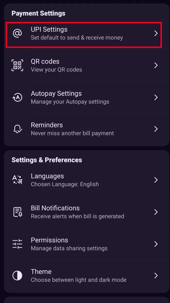 PhonePe Settings