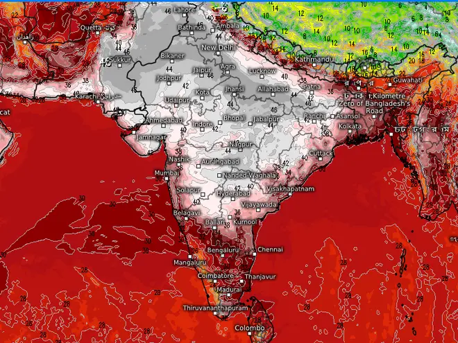 Projections for Sunday also show a heat wave (in ash and silver white colours) building over the entire northern half of the country even as heavy rain keeps the weather cool over the South Peninsula. Projections for Sunday also show a heat wave (in ash and silver white colours) building over the entire northern half of the country even as heavy rain keeps the weather cool over the South Peninsula.