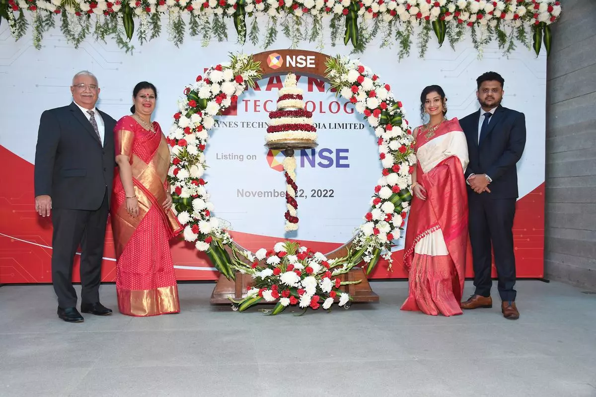 Happy beginning: (From left) Ramesh Kunhikannan, MD, Kaynes Technology India; Savitha Ramesh, Chairperson; Premita Govind, Head of Human Resource; and Govind S Menokee, Head of Information Technology mark the listing ceremony at the National Stock Exchange in Mumbai on Tuesday.