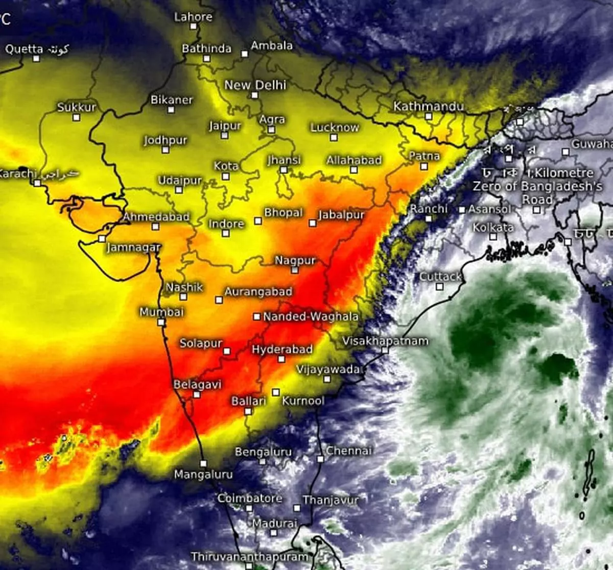 Dry air (in red and yellow) advanced deeper into the South Peninsula on Sunday, leaving only a sliver for moisture and sparse clouds (white) as a deep depression on the cusp of becoming a cyclone took away moisture (green) into the Bay of Bengal. 