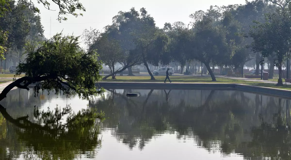 A view of the Kartavya Path on a Smoggy day even as the Air quality in the National Capital remained in the poor category making visibility poor in New Delhi 