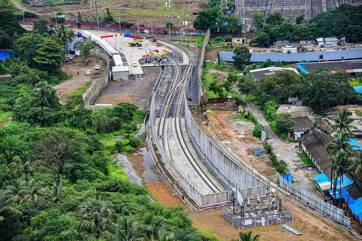 Aerial view of the Metro-3 car shed project at Aarey Colony, in Mumbai.