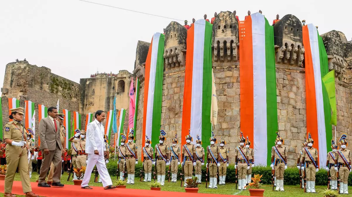 Telangana Chief Minister K Chandrashekar Rao during the 76th Independence Day celebrations at Golconda Fort, in Hyderabad, on Monday
