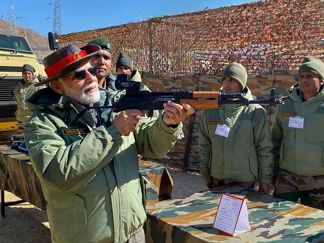 Prime Minister Narendra Modi during Diwali festival celebrations with members of the Armed Forces, in Kargil, Monday, Oct. 24, 2022. Prime Minister Narendra Modi during Diwali festival celebrations with members of the Armed Forces, in Kargil, Monday, Oct. 24, 2022.