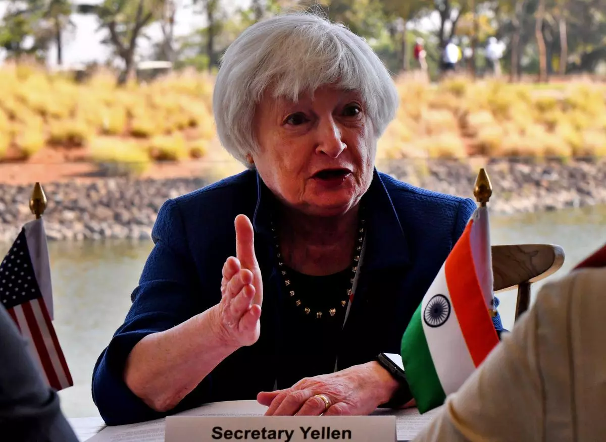 US Treasury Secretary Janet Yellen speaks during her roundtable with India’s technology leaders on the sidelines of G20 finance ministers’ meeting in Bengaluru on Saturday.