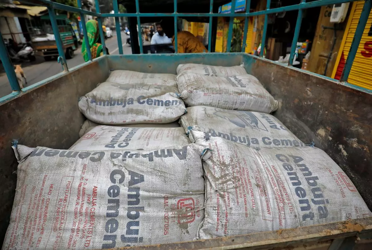A view shows Ambuja Cement bags, to be carried to a construction site