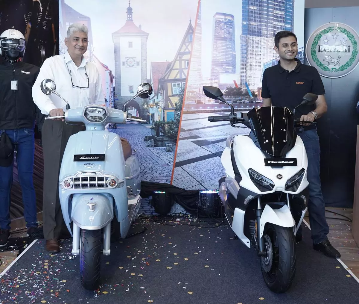 Zulfiquar Marikar, Dealer Principal, Benelli and Keeway, and Vikas Jhabakh, Managing Director, Benelli-Keeway India, unveiling new Keeway scooter series in Thiruvananthapuram on Wednesday.  