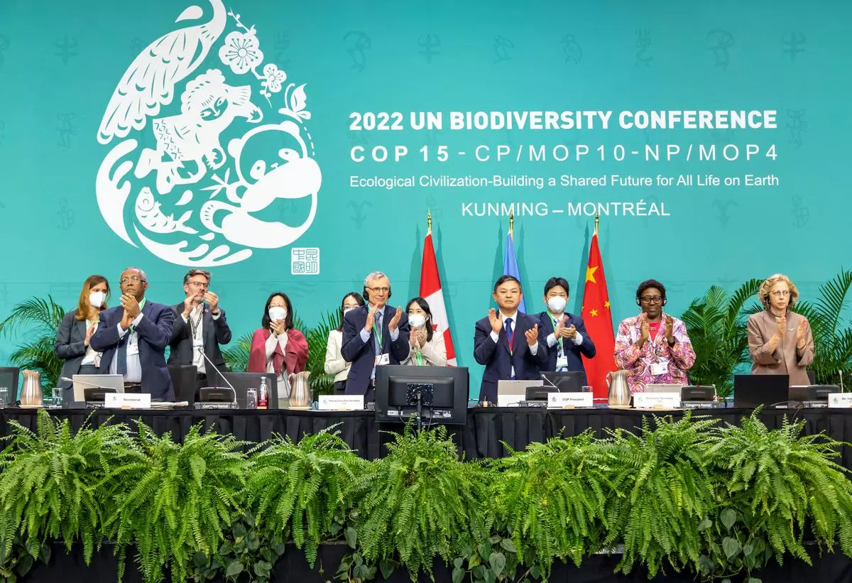 The leadership of the UN-backed COP15 biodiversity conference applaud after passing the The Kunming-Montreal Global Biodiversity Framework in Montreal, Quebec, Canada on December 19, 2022