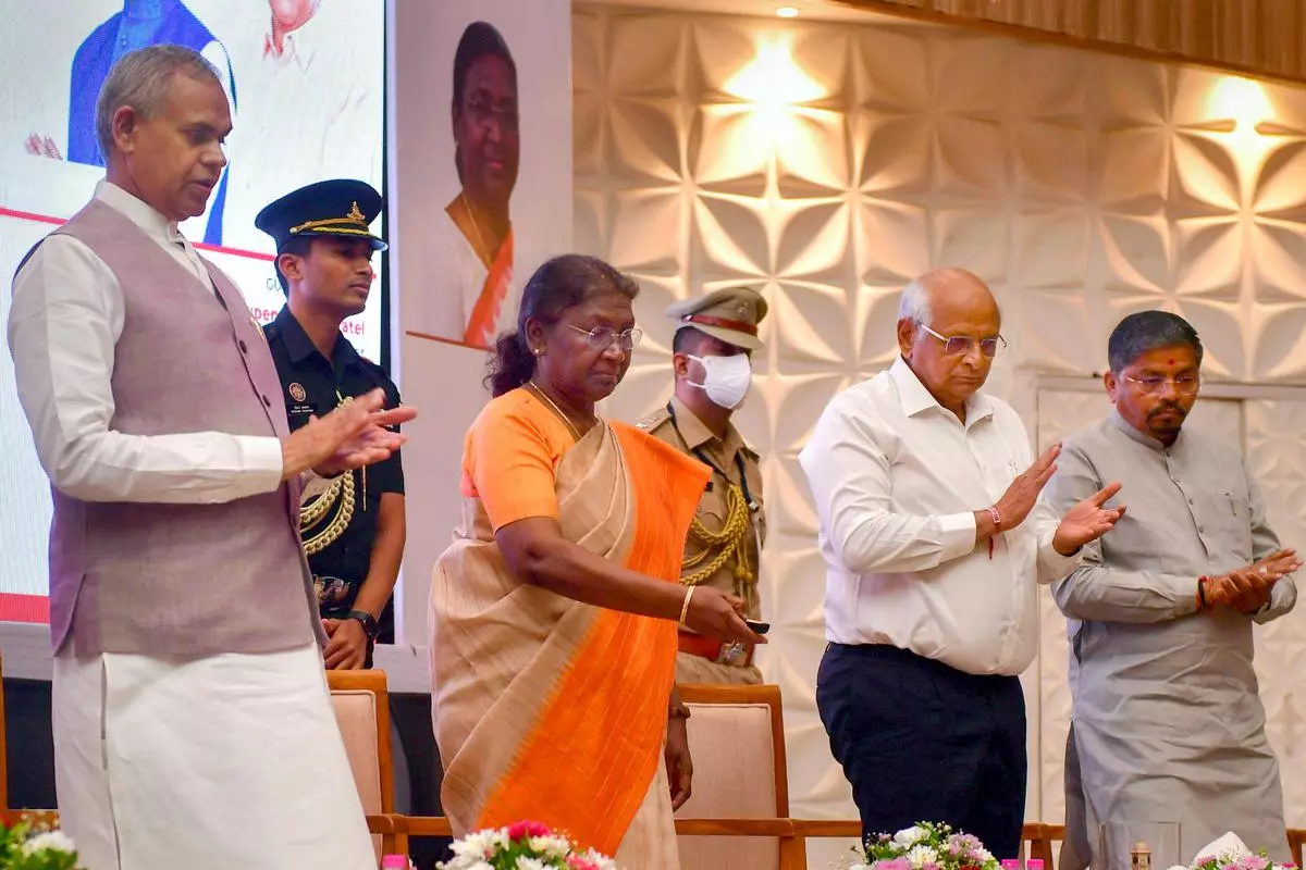 File Photo: President Droupadi Murmu with Gujarat Chief Minister Bhupendra Patel and others at a ceremony for the launch of ‘herSTART’ in Ahmedabad. 