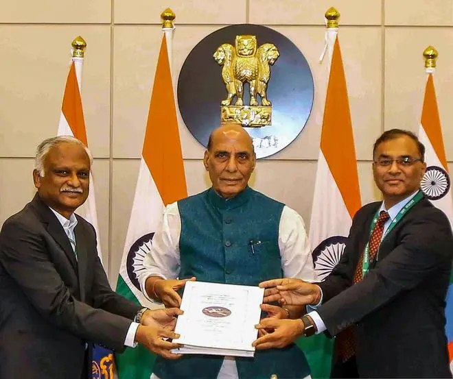Defence Minister Rajnath Singh during the signing of a contract between Ministry of Defence and Hindustan Aeronautics Limited for procurement of 70 HTT-40 Basic Trainer Aircraft, in New Delhi, on Tuesday Defence Minister Rajnath Singh during the signing of a contract between Ministry of Defence and Hindustan Aeronautics Limited for procurement of 70 HTT-40 Basic Trainer Aircraft, in New Delhi, on Tuesday