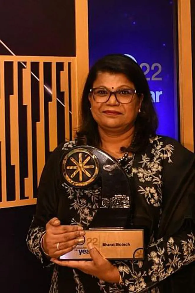 Suchitra Ella, JMD Bharat Biotech, holding the BL Changemaker of the Year award, at the function in the New Delhi, on Friday. Suchitra Ella, JMD Bharat Biotech, holding the BL Changemaker of the Year award, at the function in the New Delhi, on Friday.