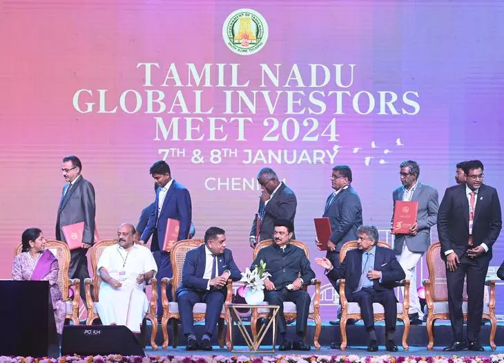 MK Stalin, Chief Minister of Tamil Nadu; Anand Mahindra, Chairman, Mahindra Group; TRB Rajaa, TN Industry Minister; Mallika Srinivasan, Chairperson TAFE; and TM Anbarasan, Minister for MSMEs, at the TN Global Investors Meet 2024, in Chennai, Monday.