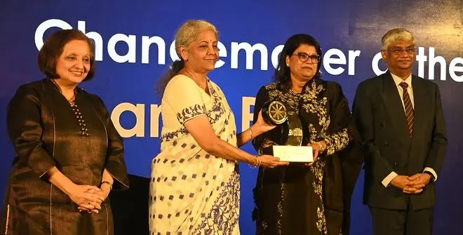 Suchitra Ella, JMD, Bharat Biotech receiving the ChangeMaker of the Year award from Nirmala Sitharaman, Union Finance Minister at the Business Line ChangeMaker awards 2022 in New Delhi. Suchitra Ella, JMD, Bharat Biotech receiving the ChangeMaker of the Year award from Nirmala Sitharaman, Union Finance Minister at the Business Line ChangeMaker awards 2022 in New Delhi.