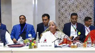 Union Finance Minister Nirmala Sitharaman chairs a meeting on Pre-Budget Consultation with States and Union Territories (with Legislature) for the forthcoming Union Budget 2025-26, in Jaisalmer. PTI