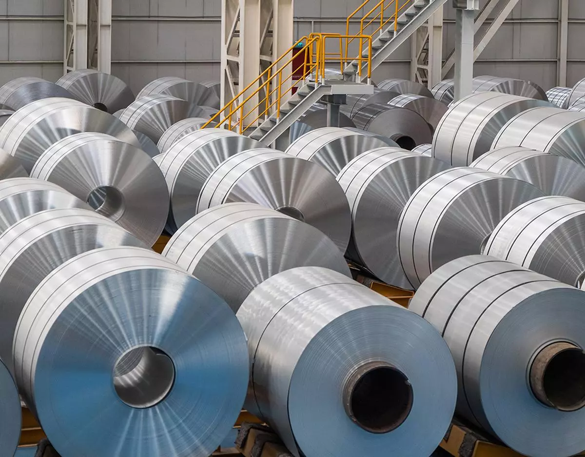 Large Aluminium Steel Rolls in the factory, high angle view