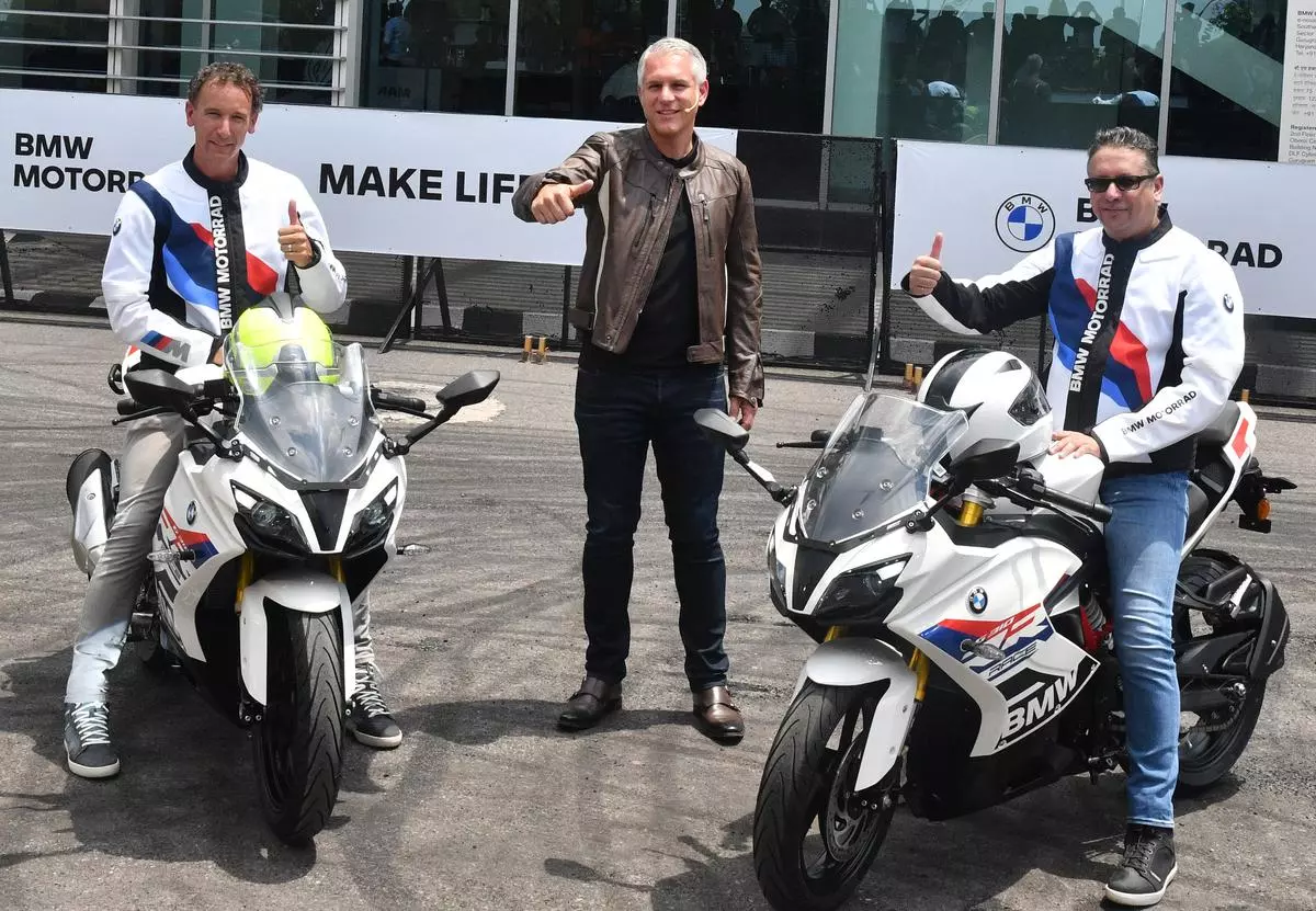 (from left) Markus Mueller-Zambre, Head of Region Asia, China, Pacific & Africa at BMW Motorrad; Stephan Reiff, Vice-President - Customer, Brand, Sales, and Vikram Pawah, President, BMW Group India, at the launch of BMW G310 RR in Gurugram, Haryana, on Friday