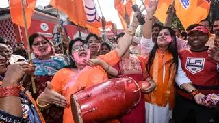 BJP supporters celebrate NDA's lead in the vote counting of the Bihar Assembly election 2025 in Patna on Friday BJP supporters celebrate NDA's lead in the vote counting of the Bihar Assembly election 2025 in Patna on Friday