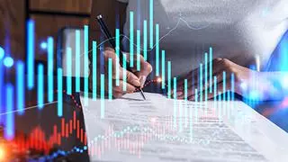 Woman signs agreement. Forex financil market chart and graph hologram. Double exposure . Brokerage concept. istock photo for BL