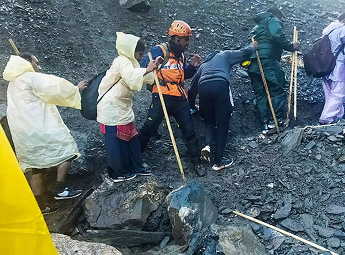 A rescue operation is underway following a cloudburst that hit near the base camp of the holy Amarnath shrine on Friday, July 8, 2022. 
