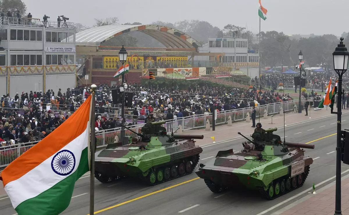 The Mechanised Columns rolls down the Kartavyapath during the 74th Republic Day Celebration in New Delhi 