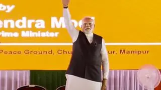 In this screengrab from a video posted on Saturday, Prime Minister Narendra Modi at the inauguration of development works in Churachandpur, Manipur. (@NarendraModi via PTI Photo) In this screengrab from a video posted on Saturday, Prime Minister Narendra Modi at the inauguration of development works in Churachandpur, Manipur. (@NarendraModi via PTI Photo)