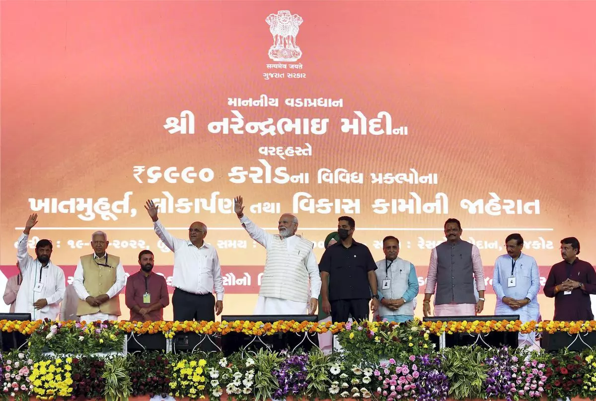Prime Minister Narendra Modi during laying of foundation stone and dedication to the nation of projects worth ₹5,860 crore in Rajkot, Gujarat, Wednesday, Oct. 19, 2022. 