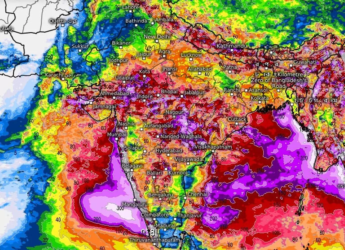 A 10-day outlook from the European Centre for Medium-Range Weather Forecasts issued on Tuesday indicates probability of the heaviest of rainfall over land (in violet and white colours) across parts of central India and less heavy over adjoining parts of west and east-central India.
