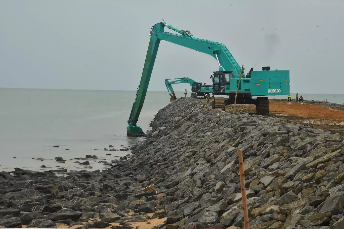 Work in progress: Construction of north breakwaters into the sea at Ramayapatnam port 