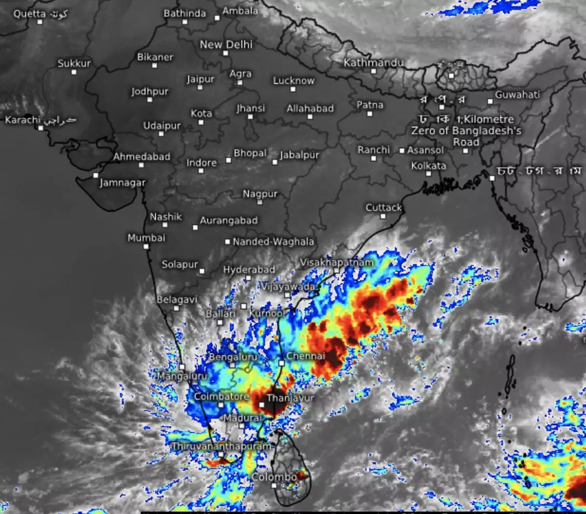 A barrage of thunderstorms bore down on the Andhra Pradesh and the Tamil Nadu coasts under the watch of a well-marked low-pressure area off the Tamil Nadu coast, as revealed by satellite pictures on Friday evening 