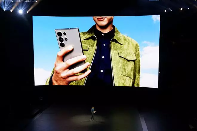 Drew Blackard, vice president of product management, unveils Samsung’s newest Galaxy S24 smartphones offering AI functions at the Galaxy Unpacked event in San Jose, California, U.S. January 17, 2024. 