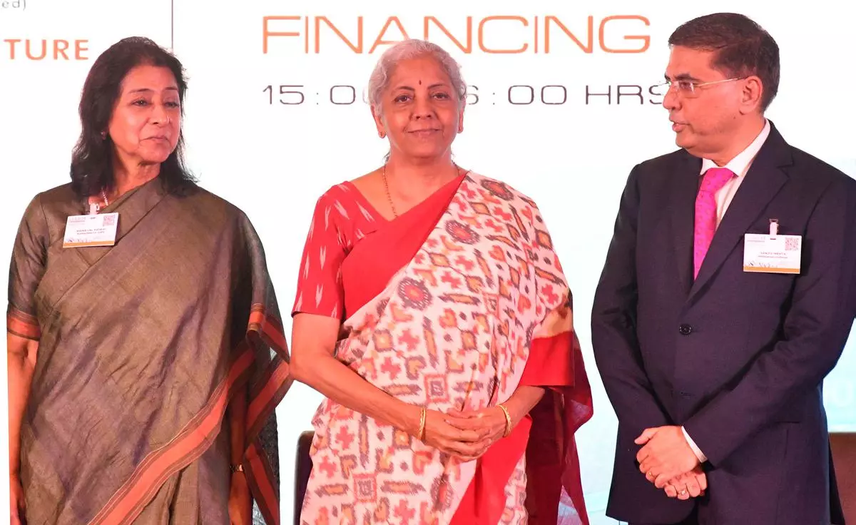Finance Minister, Nirmala Sitaraman flanked by Naina Lal Kidwai, Senior Adviser , Rothschild & Co and Sanjiv Mehta, President, FICCI at the ‘FICCI LEADS 2022’ 