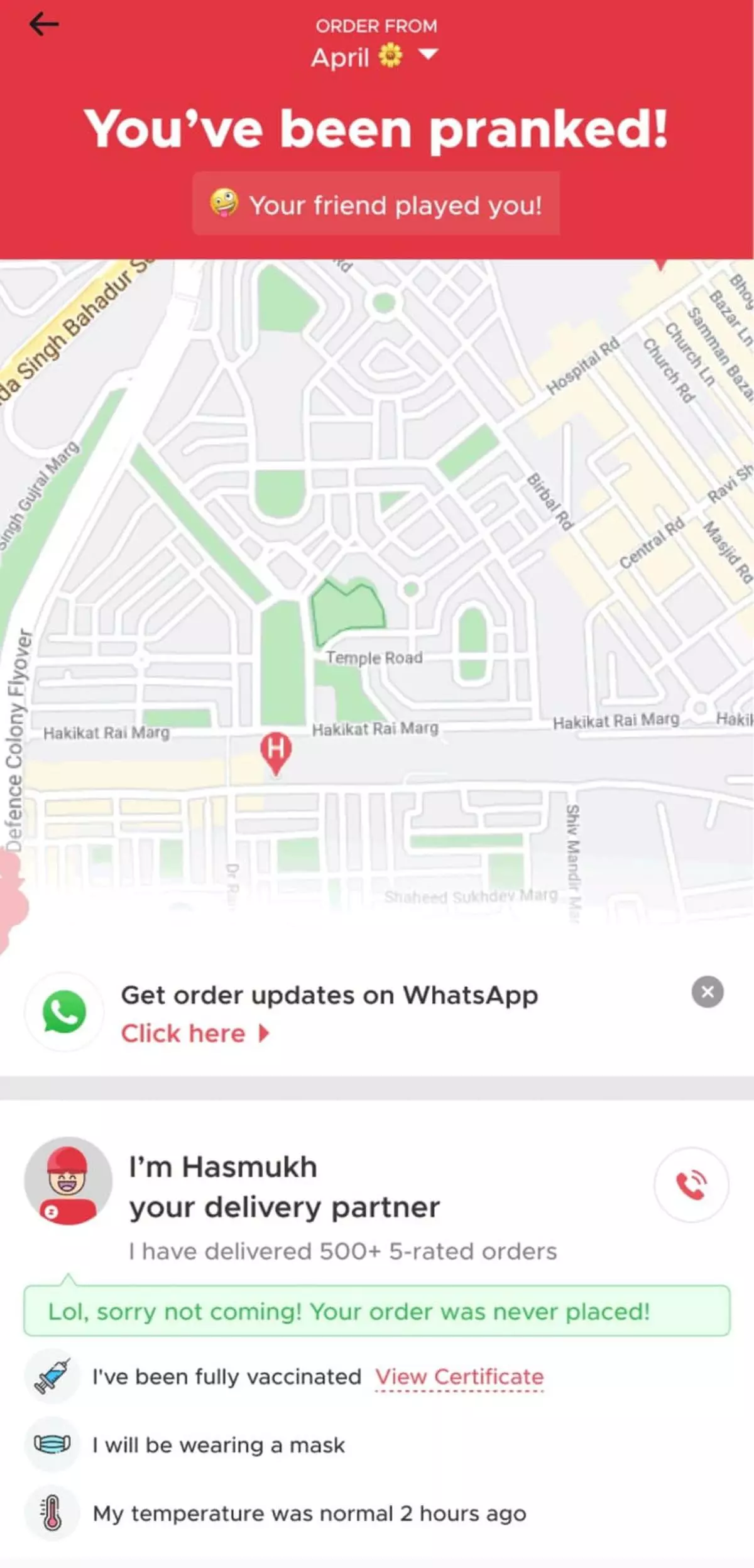 Screenshot of Zomato’s custom ‘You’ve been pranked!’ page 