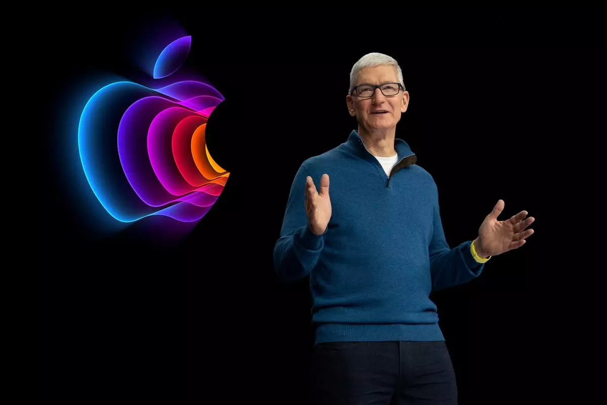 Apple CEO Tim Cook announces a new lineup of products during a special event at Apple Park in Cupertino, California on March 8, 2022. 