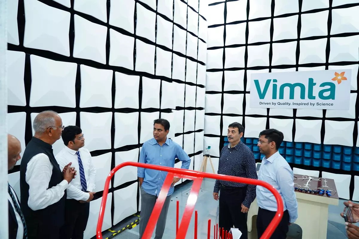 K.T. Rama Rao, Telangana Minister for IT and Industries (third from right), Jayesh Ranjan, Principal Secretary (IT, Govt of Telangana) (second from right) at VIMTA Labs facility for electical and electronics testing.