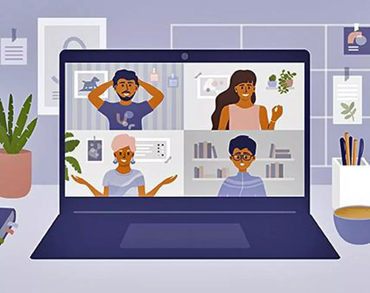 Stay and work from home. Video conference illustration. Workplace, laptop screen, group of people talking by internet. Stream, web chatting, online meeting friends. Coronavirus, quarantine isolation.