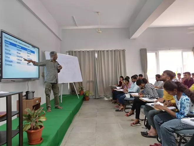 G V Ramanjaneyulu delivering a lecture at Krishna Sudha Academy of Agroecology.