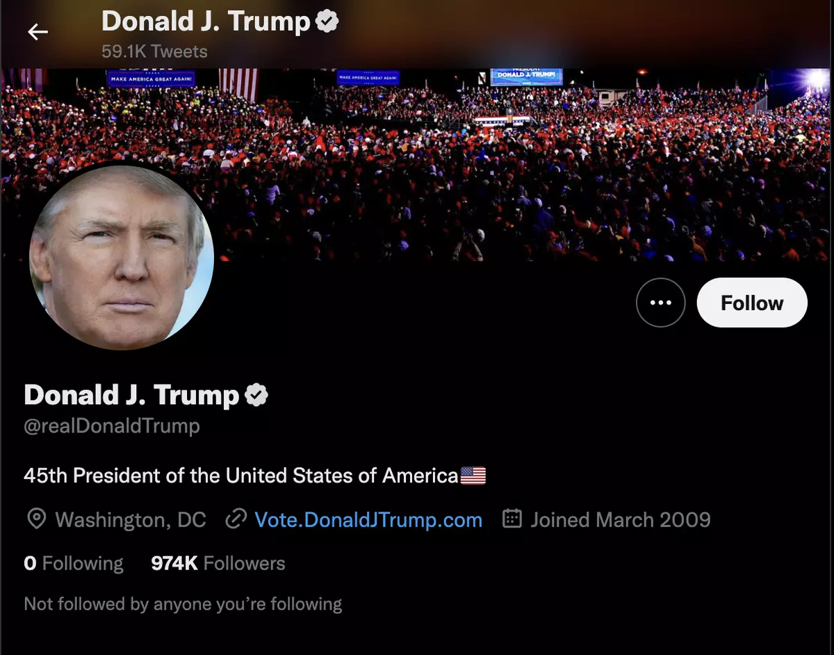 Screenshot of Donald J Trump’s twitter account after it was reinstated following a twitter poll on whether he should be brought back to the platform.