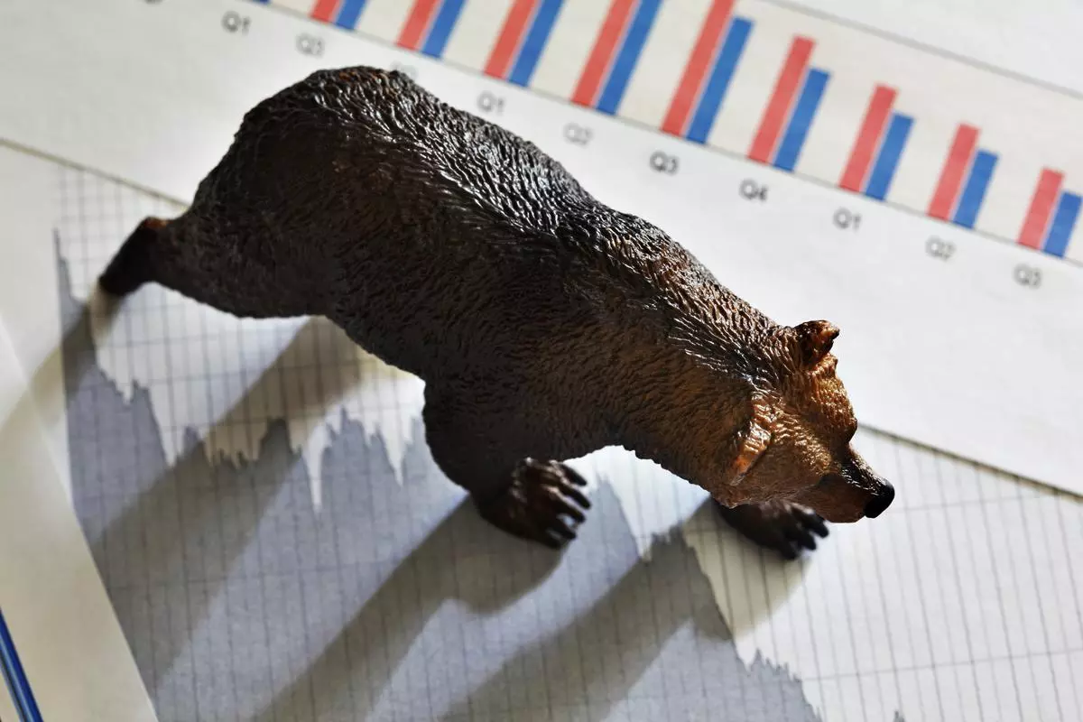 A bear rests on top of a downward pointing stock chart. 