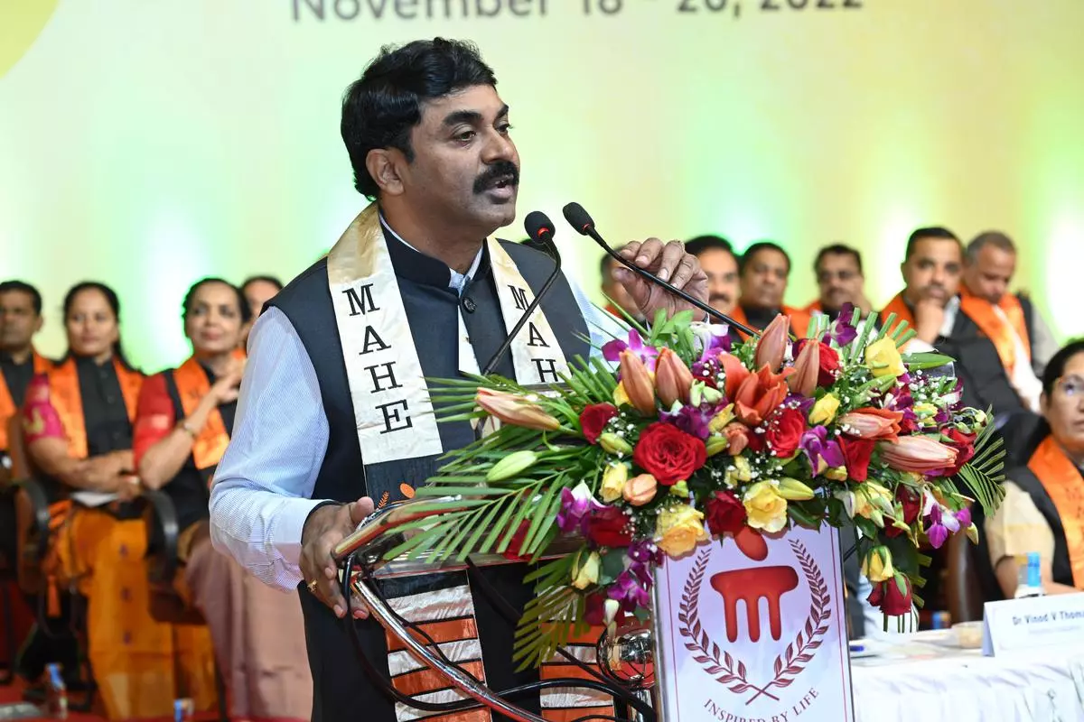 The Scientific Advisor to Defence Minister, G Satheesh Reddy, delivering the convocation address of the Manipal Academy of Higher Education in Manipal on Saturday. 