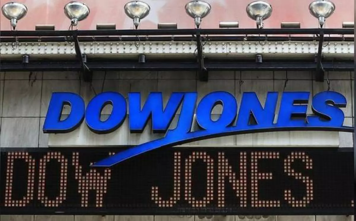 The Dow Jones financial electronic ticker is seen at Times Square in New York